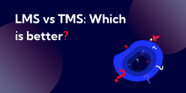 White text on a dark blue background reads 'LMS vs TMS: Which is better?'. There is an image of a blue vortex with red question marks on it in the bottom right corner. 