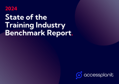 White text on a dark blue background reads; 2024 state of the training industry benchmark report. there is an accessplanit logo in the bottom right corner.