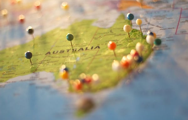 Map of Australia with pins on cities