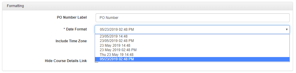 Shopping cart american date format course booking system