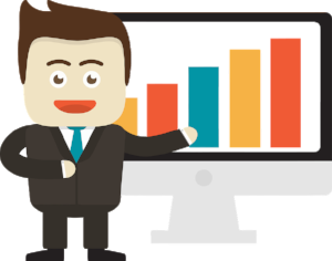 Cartoon businessman in front of bar graph showing increasing trend