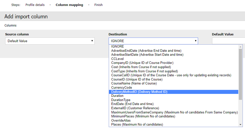 delivery methos input option for course booking administration