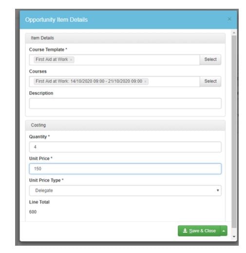 adding opportunity item details in a training management system