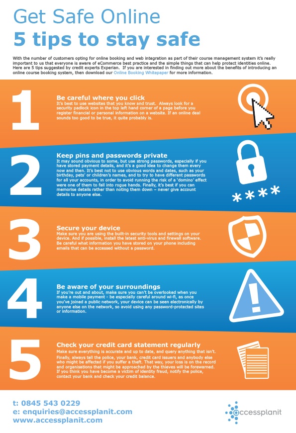 Infographic shows 5 tips to stay safe and secure online - stay safe online week