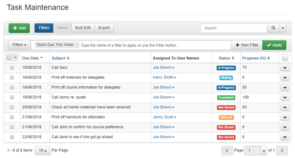 Course management software dashboard for training organizations