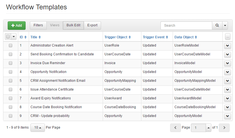 List of example Workflow Templates for training companies