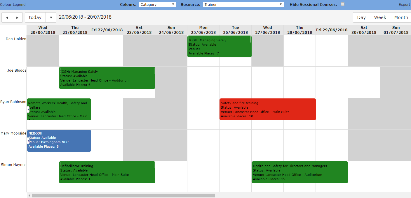 Resource calendar in a training management system showing trainer availability