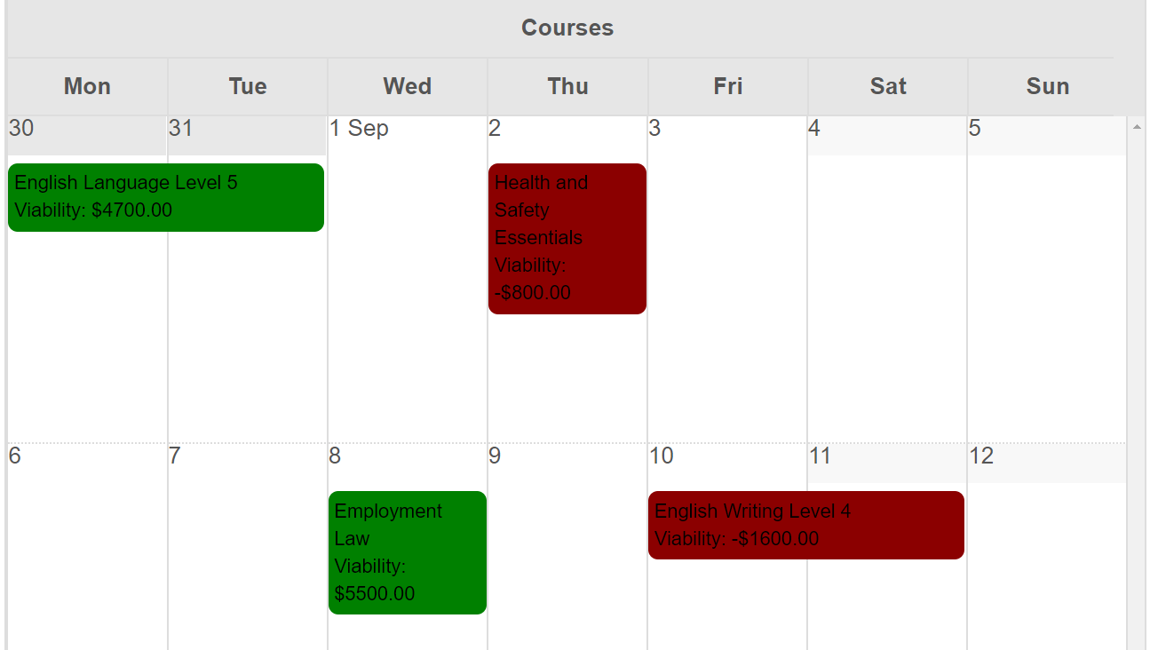 course calendar viability and profitability training