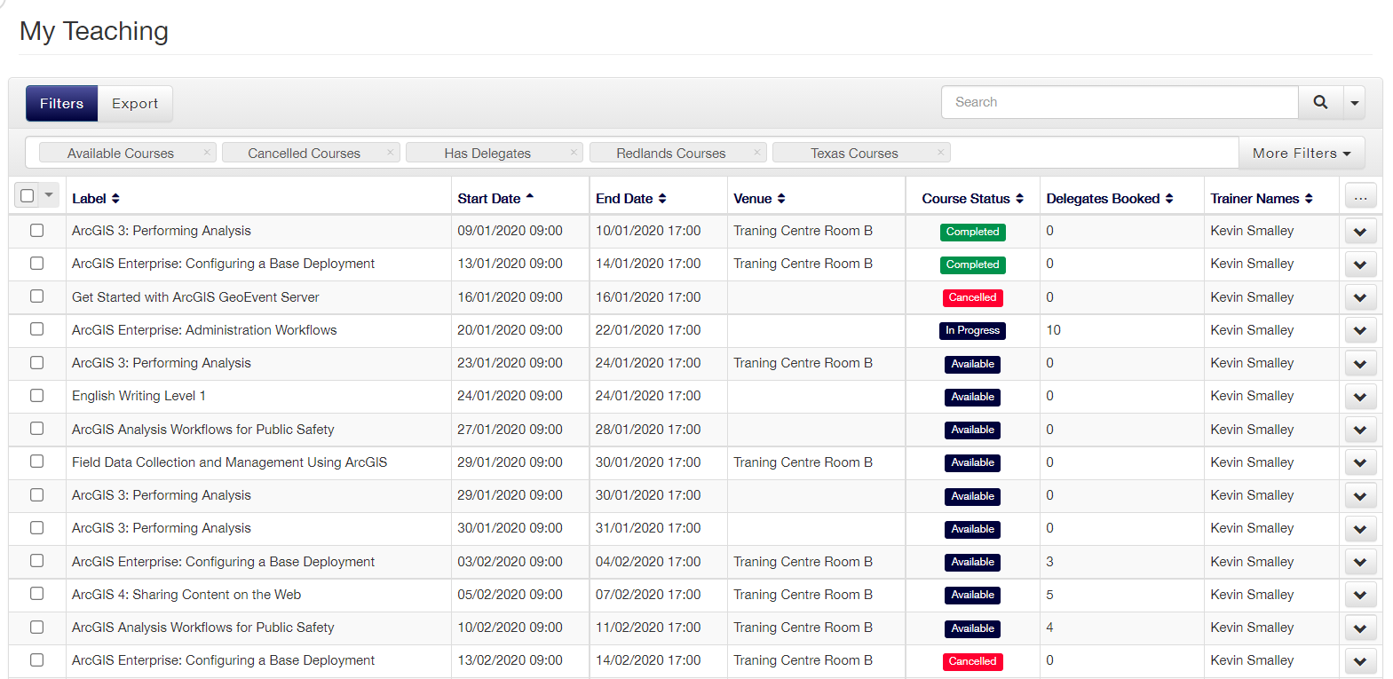 upcoming courses within my teaching area training management system