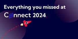 White text on a dark blue background reads 'Everything you missed at accessplanit Connect 2024'. There is an illustration of a red cartoon rocket ship in the bottom left. 