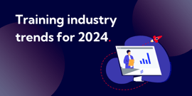 white text on a dark blue background reads 'training industry trends for 2024'. there is an illustration of a computer screen with a bar chart on it in the bottom right corner. 
