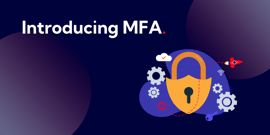 White text on a dark blue background reads 'Introducing MFA'. There is an illustration of a padlock with small cogs surrounding it in the bottom right. 
