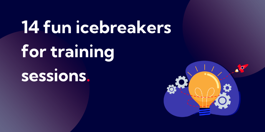 White text on a dark blue background reads '14 fun icebreakers for training sessions'