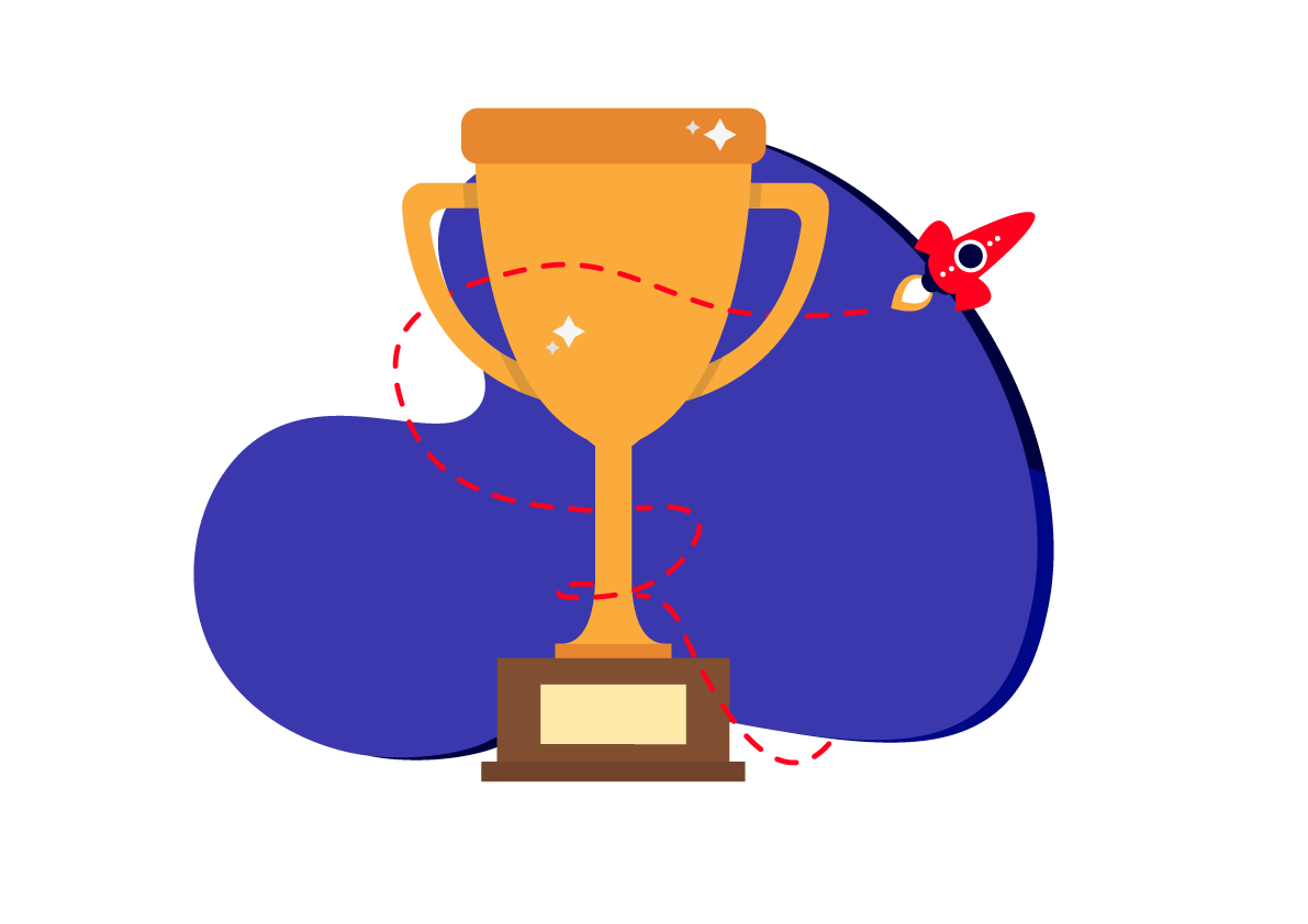 trophy on blue background with rocket trophy on blue background with rocket