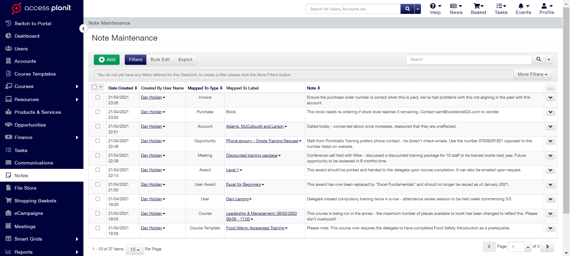 examples of notes being logged within accessplanits training management platform