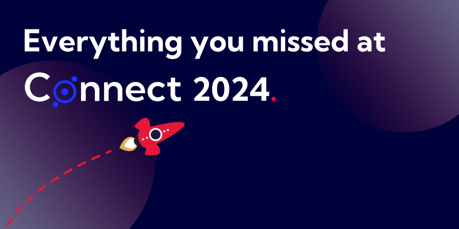 White text on a dark blue background reads 'Everything you missed at accessplanit Connect 2024'. There is an illustration of a red cartoon rocket ship in the bottom left. 
